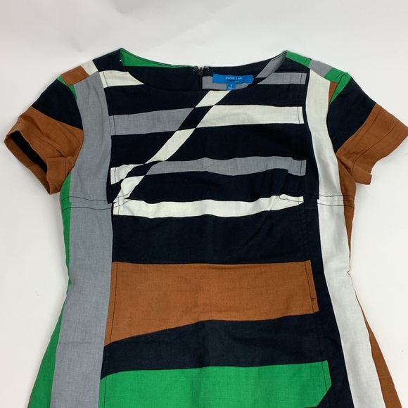 Derek Lam Linen Dress Size 4 Short Cap sleeve Zip up Geometric Multicolor Earthy - Picture 3 of 15